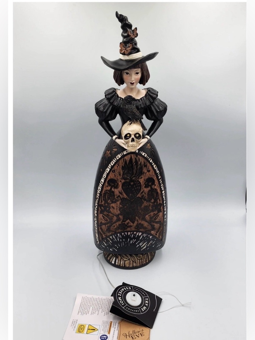 NWT; Hallow's Eve Witch Figurine Light Up Skull Black Gothic Halloween Decor 18”